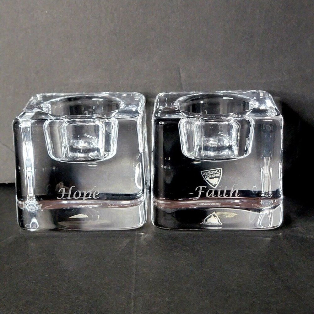 Two Orrefors Sweden Votive Crystal Cube Candle Holders Etched Hope Faith